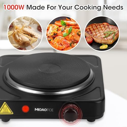 MIOAOTCE Countertop Single Cast Iron Burner 1000 Watts Electric Hot Plate with Adjustable Temperature 6.1" Cooktop for Dorm