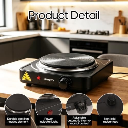 MIOAOTCE Countertop Single Cast Iron Burner 1000 Watts Electric Hot Plate with Adjustable Temperature 6.1" Cooktop for Dorm